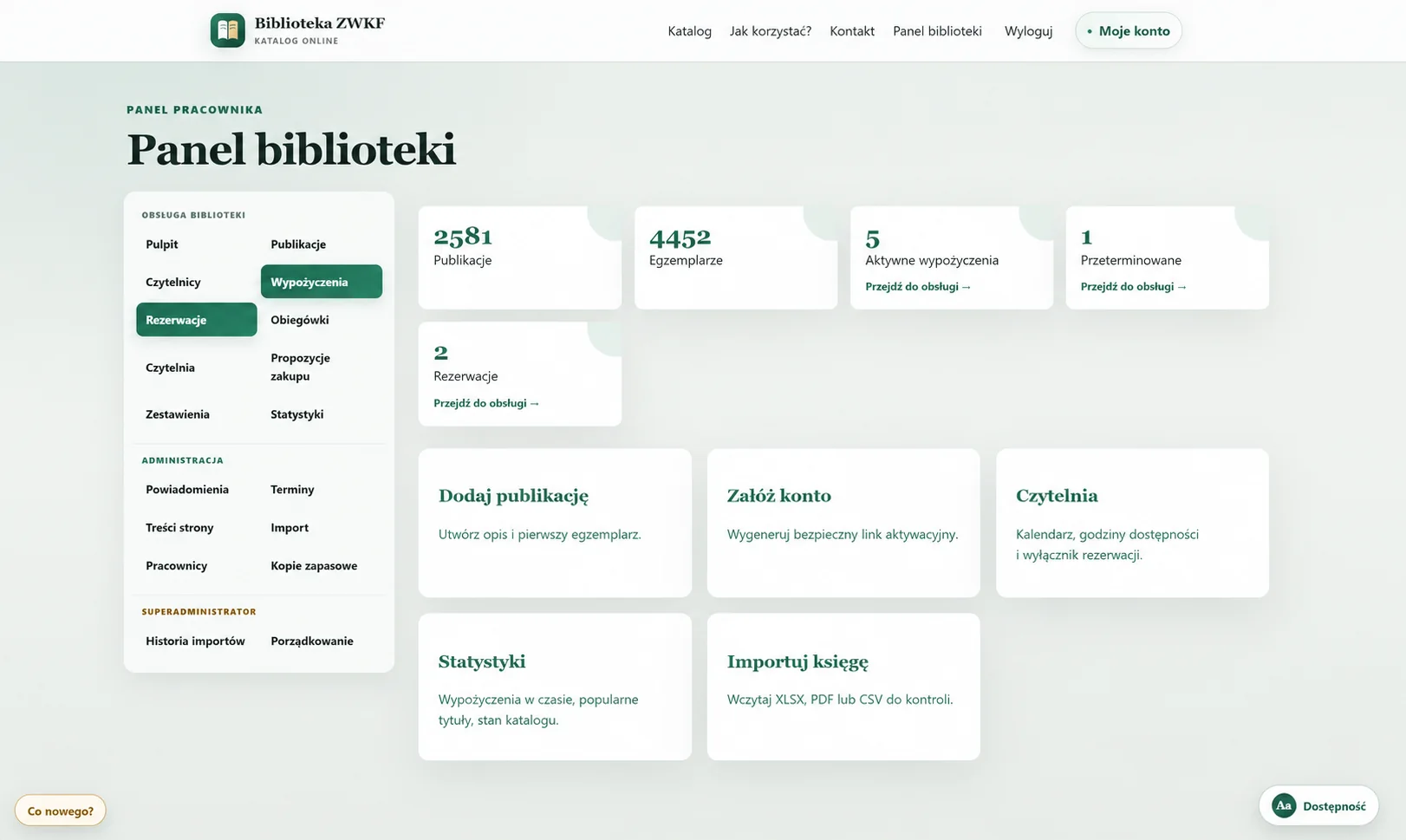 Panel administracyjny Biblioteki ZWKF
