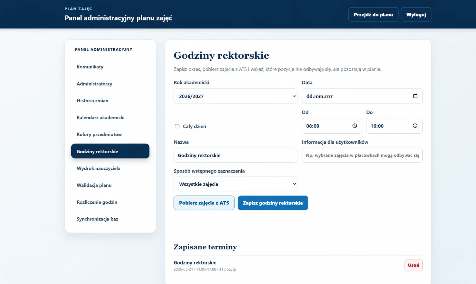 Zarządzanie godzinami rektorskimi w panelu planu zajęć